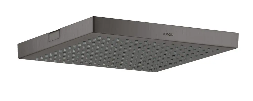 Regiedusche von AXOR in gebürstetem Schwarzchrom, quadratische Kopfbrause mit gleichmäßig angeordneten Düsen zur Wasserverteilung.